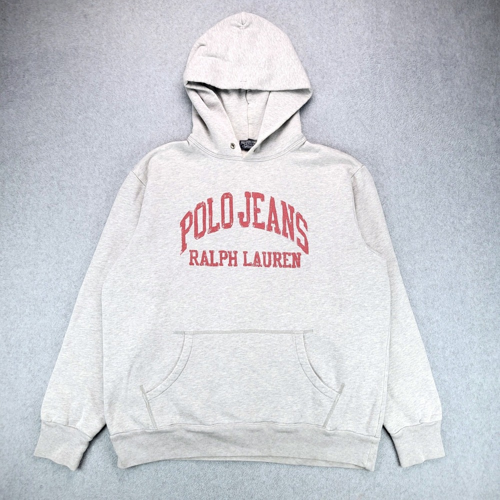 Polo Jeans Ralph Lauren Hoodie Mens L Gray Red Arch Logo Pullover Sweatshirt